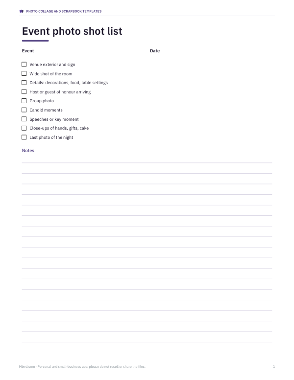Preview of Printable Event Photo Shot List